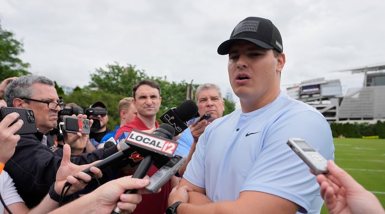 FILE - Cincinnati Bengals defensive end Trey Hendrickson speaks to media during NFL football practice on May 13, 2025, in Cincinnati. (AP Photo/Carolyn Kaster, file)