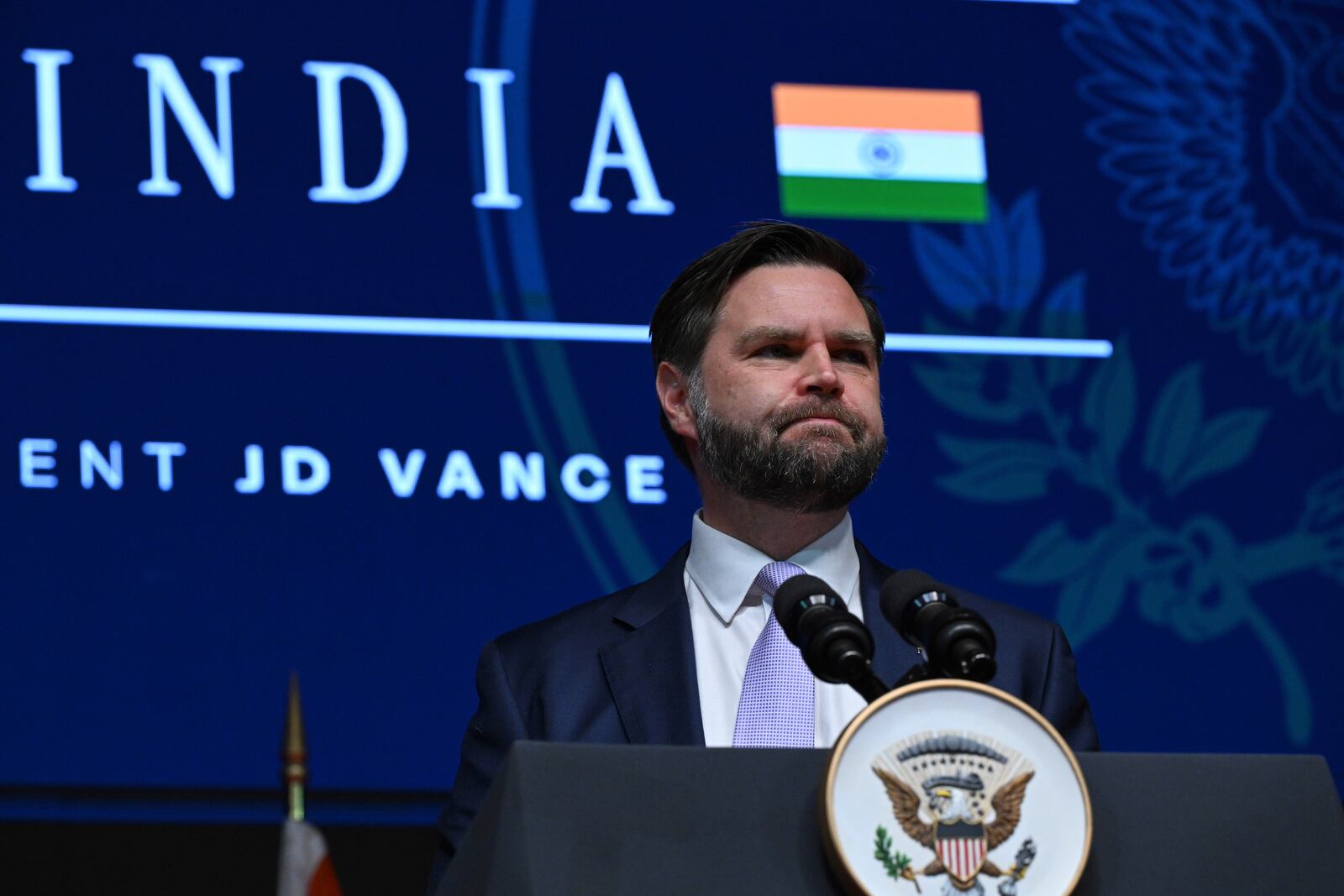 U.S. Vice President JD Vance delivers remarks at the Rajasthan International Centre in Jaipur, India, Tuesday, April 22, 2025. (Kenny Holston/The New York Times via AP, Pool)