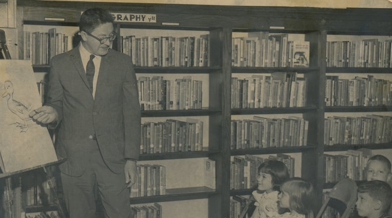 Native Hamiltonian, children’s author, and illustrator Robert McCloskey visited the Lane Public Library in 1966 to celebrate the library’s centennial. Photo from the Lane Public Library Photo Collection.