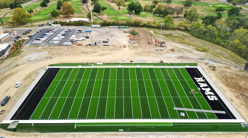 The turf field is being installed at Badin's new stadium Monday, Sept. 23, 2024 in Hamilton. NICK GRAHAM/STAFF