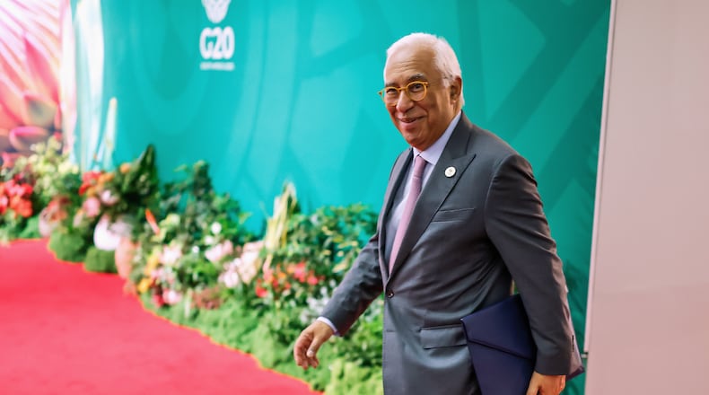 European Council President Antonio Costa arrives for the second day of the G20 Leaders' Summit, in Johannesburg, South Africa, Sunday, Nov. 23, 2025. (Marco Longari/Pool Photo via AP)