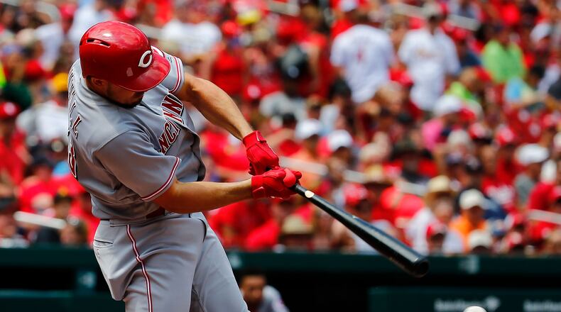 ST. LOUIS, MO - JULY 15: Adam Duvall #23 of the Cincinnati Reds hits a two-run single against the St. Louis Cardinals in the fourth inning at Busch Stadium on July 15, 2018 in St. Louis, Missouri. (Photo by Dilip Vishwanat/Getty Images)