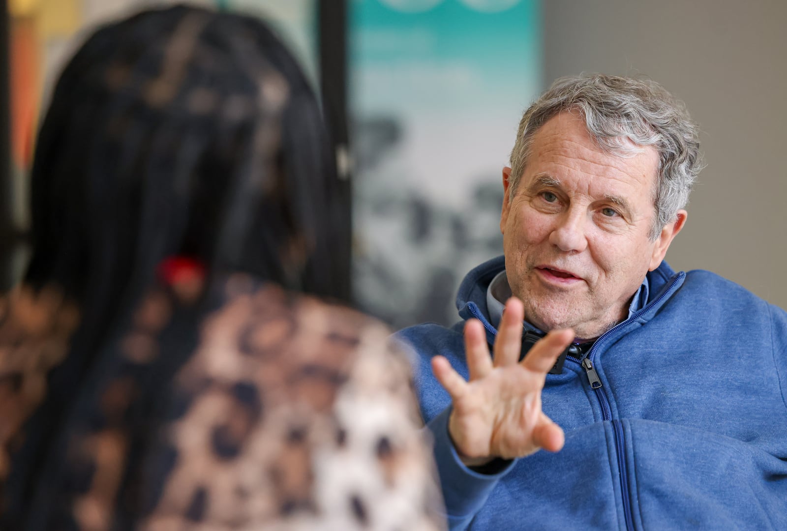 Former Sen. Sherrod Brown listens to Dabriah Rice, left, after a tour of 6888 Kitchen Incubator in the Dayton Arcade on Wednesday, Feb. 11. BRYANT BILLING / STAFF