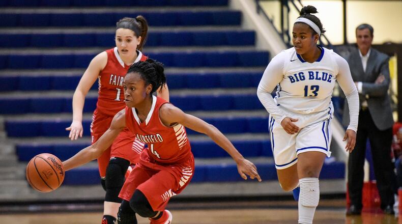Fairfield’s Zahrya Bailey dribbles up the floor after a turnover during Wednesday night’s game at the Hamilton Athletic Center. Bailey had 17 points in the Indians’ 65-49 win. That’s Big Blue’s Kira Ash (13) trailing the play. NICK GRAHAM/STAFF