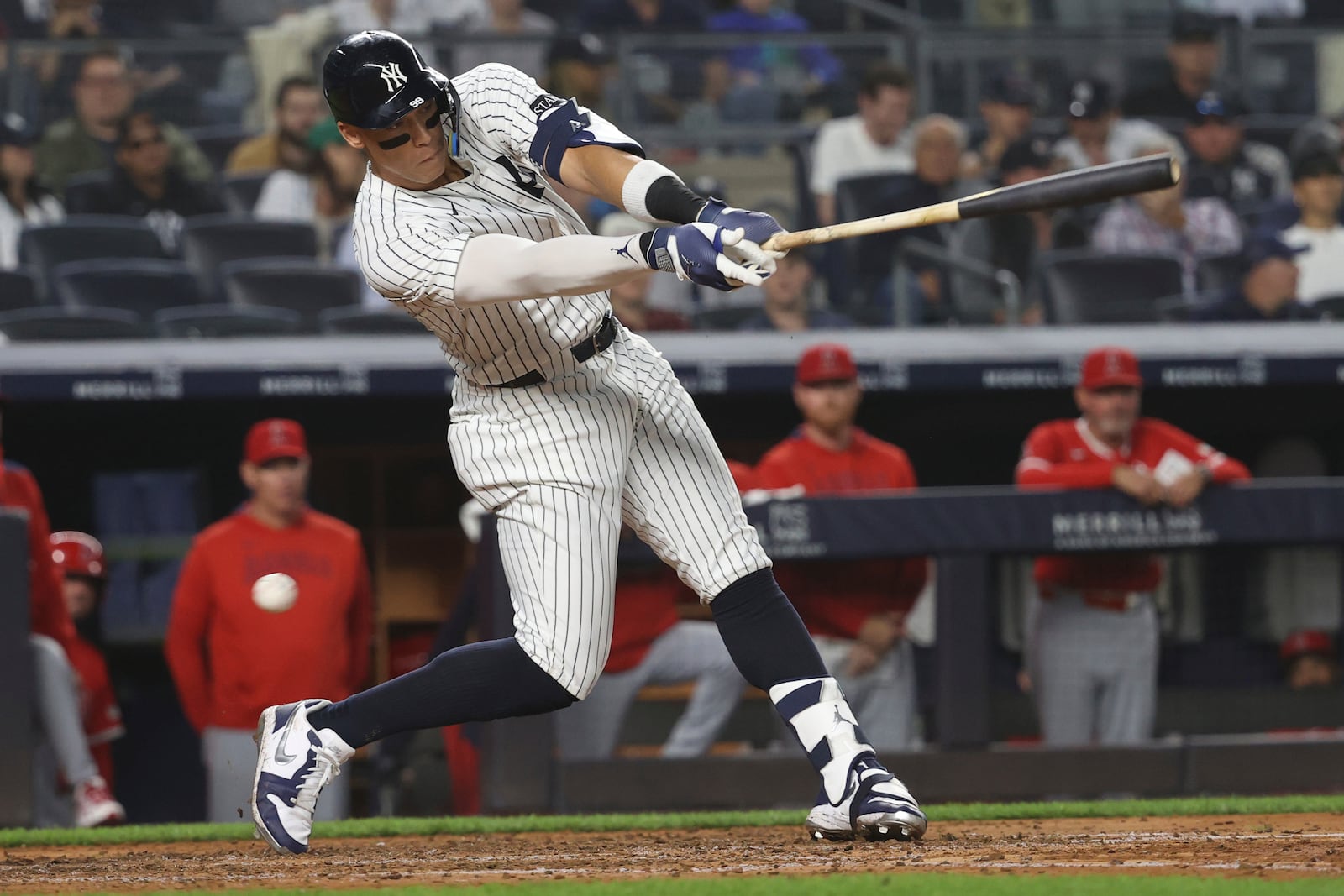 New York Yankees' Aaron Judge is struck out by Los Angeles Angels pitcher Kyle Hendricks during the sixth inning of a baseball game Tuesday, June 17, 2025, in New York. (AP Photo/Pamela Smith)