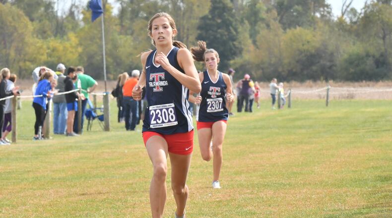 Talawanda sophomore Hannah Lippincott (2308) and junior Maddy Iden (2307) helped the Braves win a Division I district title Saturday in Cedarville. Greg Billing / Contributed