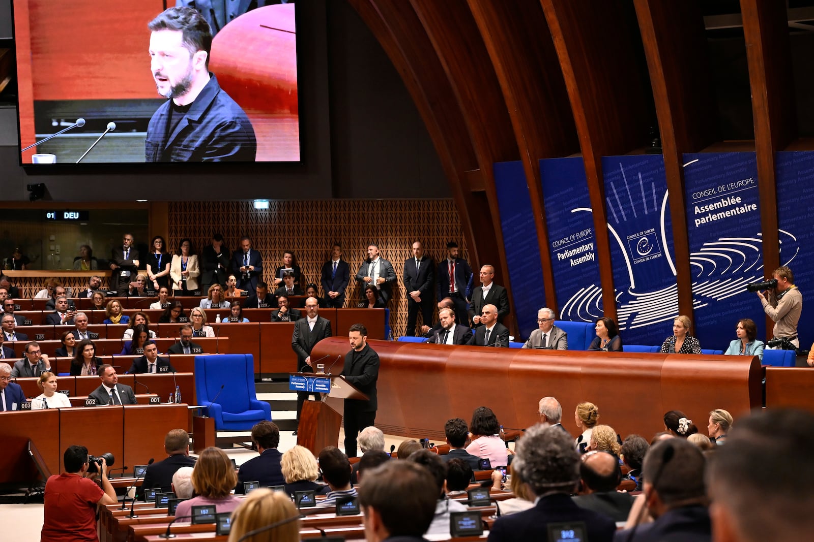 Ukraine's President Volodymyr Zelenskyy, delivers a speech at the Council of Europe after signing the legal instruments necessary to launch the Special Tribunal for the Crime of Aggression against Ukraine, in Strasbourg, eastern France, Wednesday, June 25, 2025. (AP Photo/Pascal Bastien)