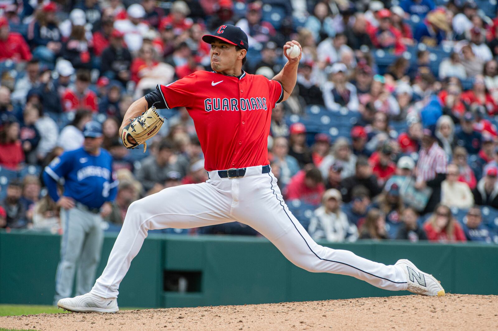 Cleveland Guardians relief pitcher Joey Cantillo delivers against the Kansas City Royals during the eighth inning of a baseball game in Cleveland, Sunday, April 13, 2025. (AP Photo/Phil Long)