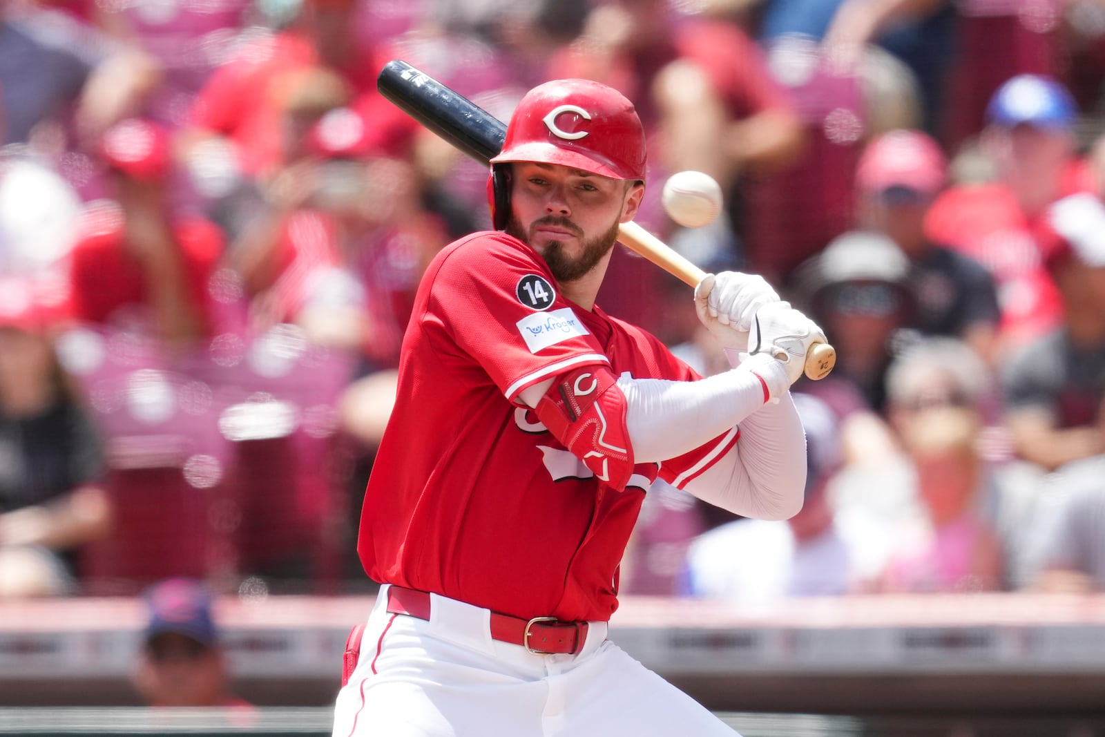 Cincinnati Reds' Gavin Lux avoids a pitch during the first inning of a baseball game against the Tampa Bay Rays, Sunday, July 27, 2025, in Cincinnati. (AP Photo/Jeff Dean)