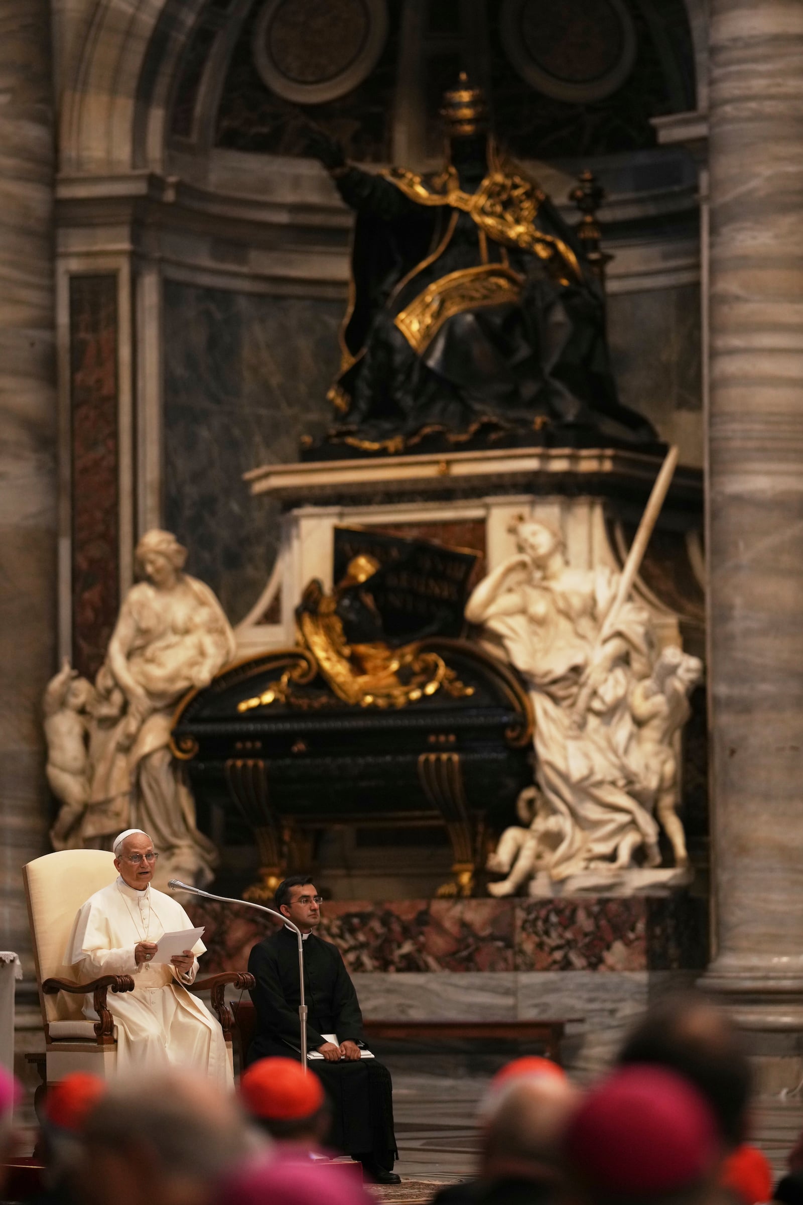 Pope Leo XIV leads a meditation with the participants into the Jubilee of Bishops inside St. Peter's Basilica, at the Vatican, Wednesday, June 25, 2025. (AP Photo/Andrew Medichini)