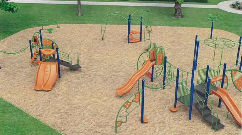 This is one of four possible playground configurations for new equipment at Smith Park in Middletown. City officials are applying for a $63,750 NatureWorks grant from the Ohio Department of Natural Resources to fund about 75 percent of the costs to replace the old playground equipment. CONTRIBUTED