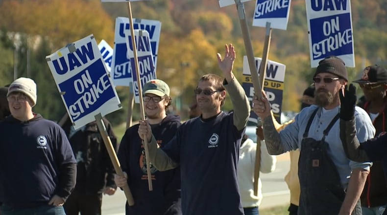 Some workers who were laid off at a transmission plant in Sharonville joined the picket line in West Chester Twp. with fellow United Auto Workers members who are on strike from General Motors. WCPO/CONTRIBUTED
