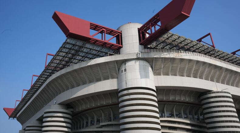 FILE - A view of San Siro Stadium is pictured in Milan, Italy, Oct. 16, 2025. (AP Photo/Antonio Calanni, File)