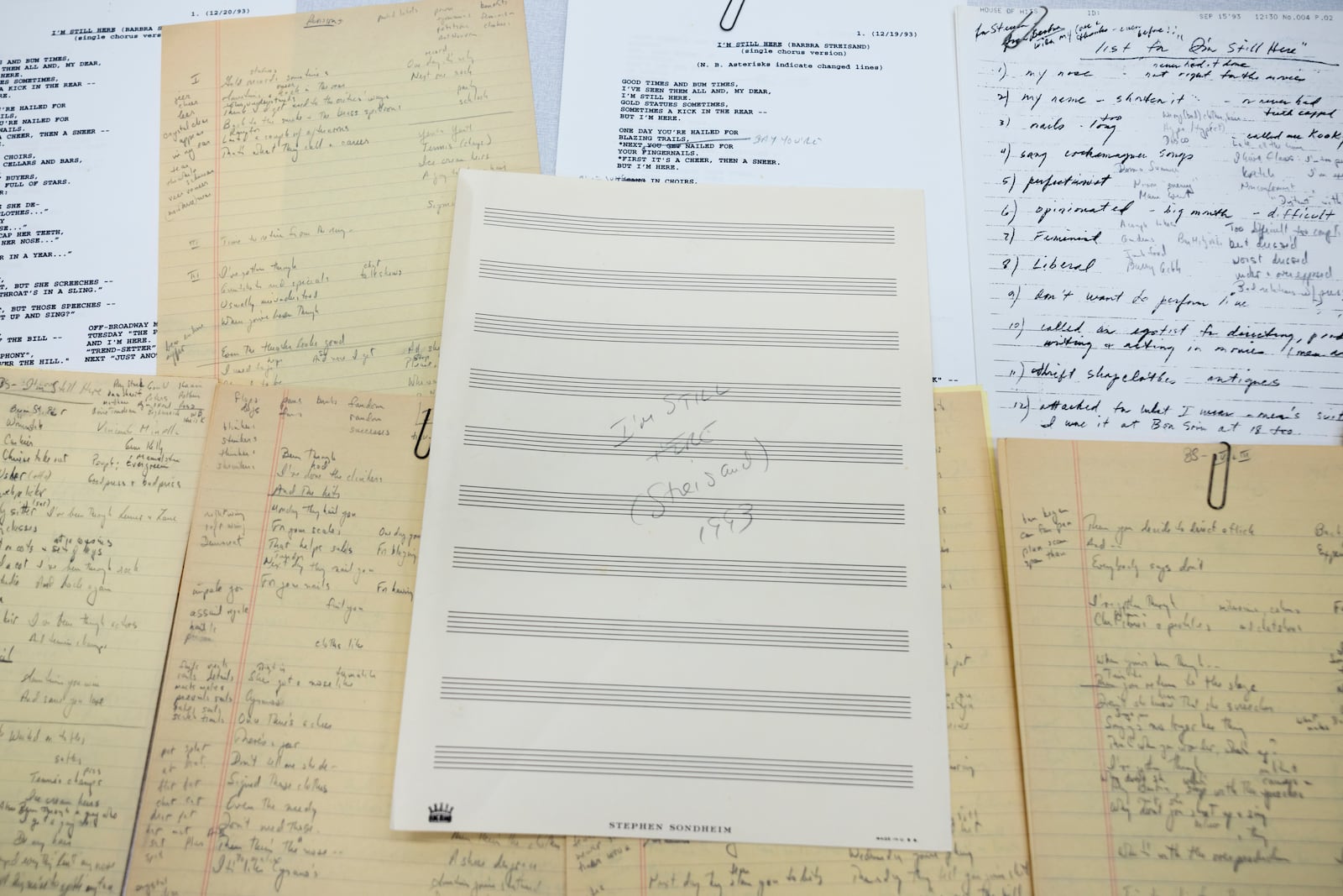 This image released by the Library of Congress shows lyrics and notes for "I'm Still Here" from the musical "Follies" by Stephen Sondheim, personalized for Barbra Streisand in 1993. (Elaina Finkelstein/Library of Congress via AP)