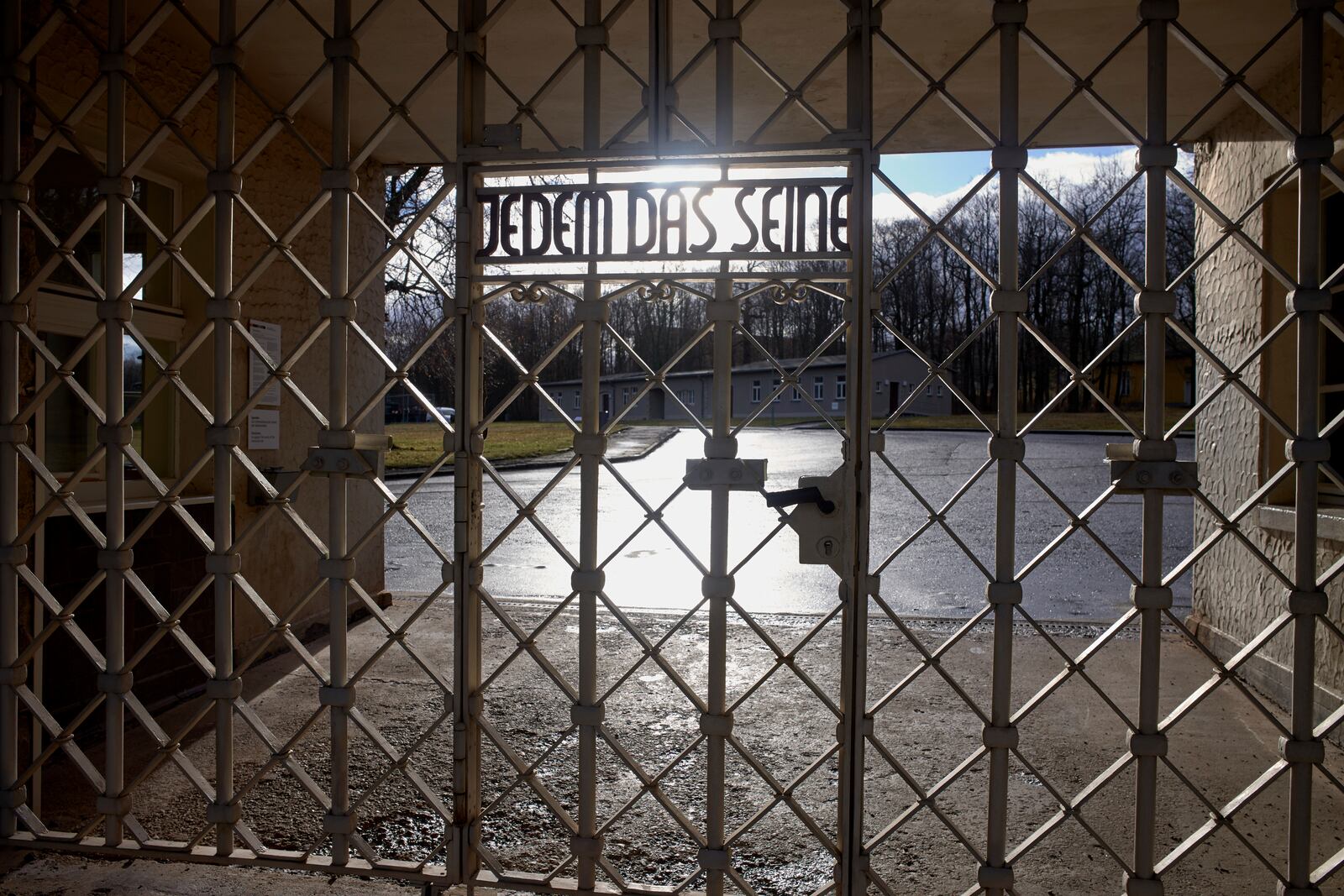 A view of the entrance gate of the Nazi death camp 'Buchenwald' with the inscription 'Jedem das Seine' (To Each His Own) in Weimar, Germany, on Jan. 10, 2020. (AP Photo/Markus Schreiber)