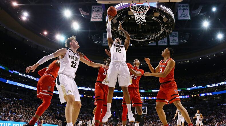 Purdue’s Vincent Edwards (12) puts up a shot during against Texas Tech during the NCAA men’s basketball tournament March 23 at TD Garden in Boston. MADDIE MEYER/GETTY IMAGES