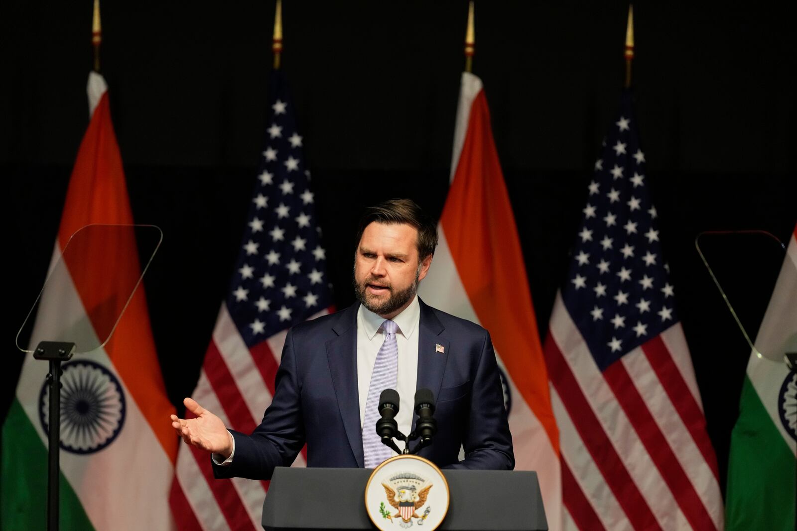 U.S. Vice President JD Vance speaks at the Rajasthan International Center in Jaipur, India, Tuesday, April 22, 2025. (AP Photo/Manish Swarup)