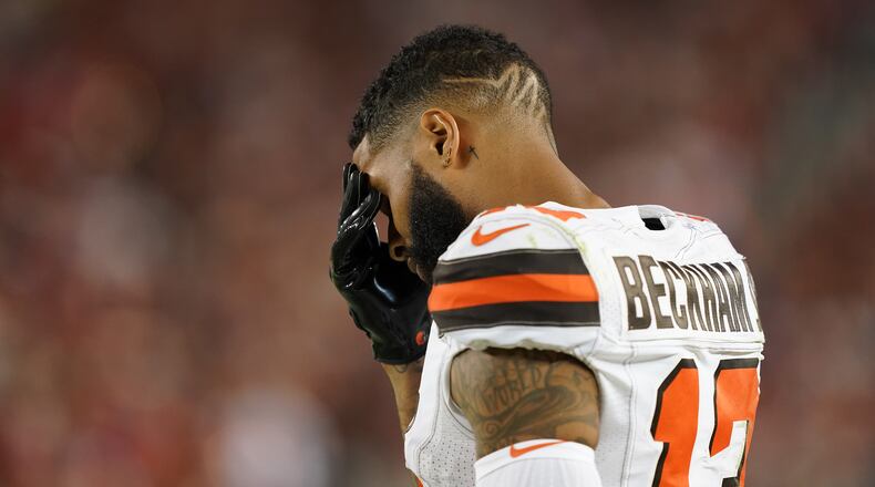 SANTA CLARA, CALIFORNIA - OCTOBER 07: Odell Beckham Jr. #13 of the Cleveland Browns stands on the sidelines rubbing his forehead against the San Francisco 49ers during the third quarter of an NFL football game at Levi’s Stadium on October 07, 2019 in Santa Clara, California. The 49ers won the game 31-3. (Photo by Thearon W. Henderson/Getty Images)