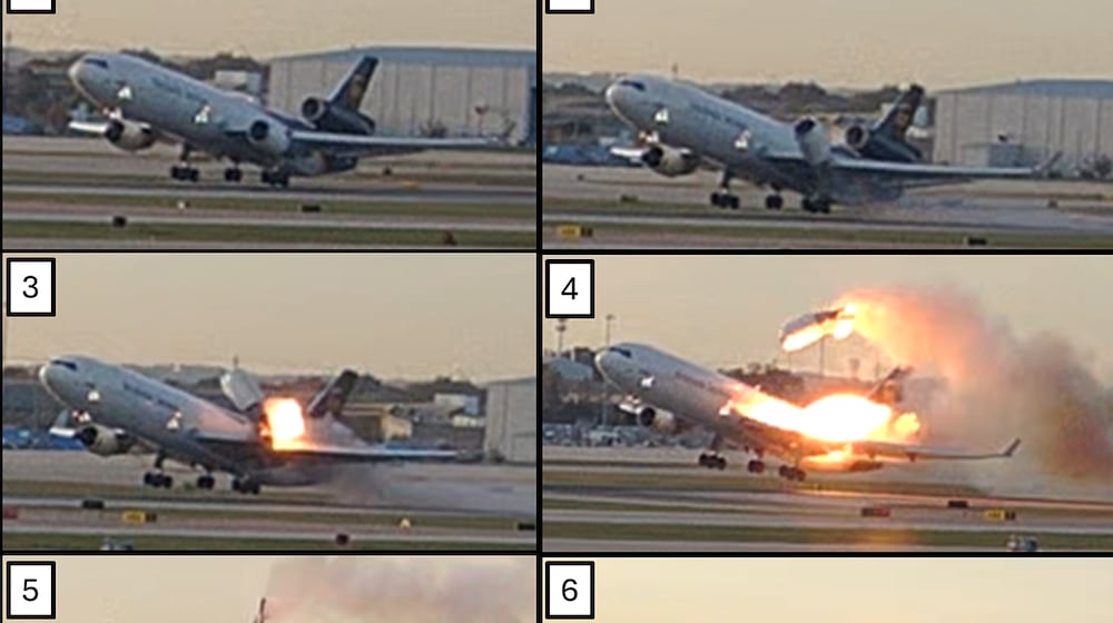 This combination photo provided by the National Transportation Safety Board (NTSB) via UPS shows a sequence of framegrabs made from video where an engine is seen detaching from the plane's left wing upon takeoff at the Louisville International Airport in Louisville, Nov. 4, 2025. (UPS/NTSB via AP)