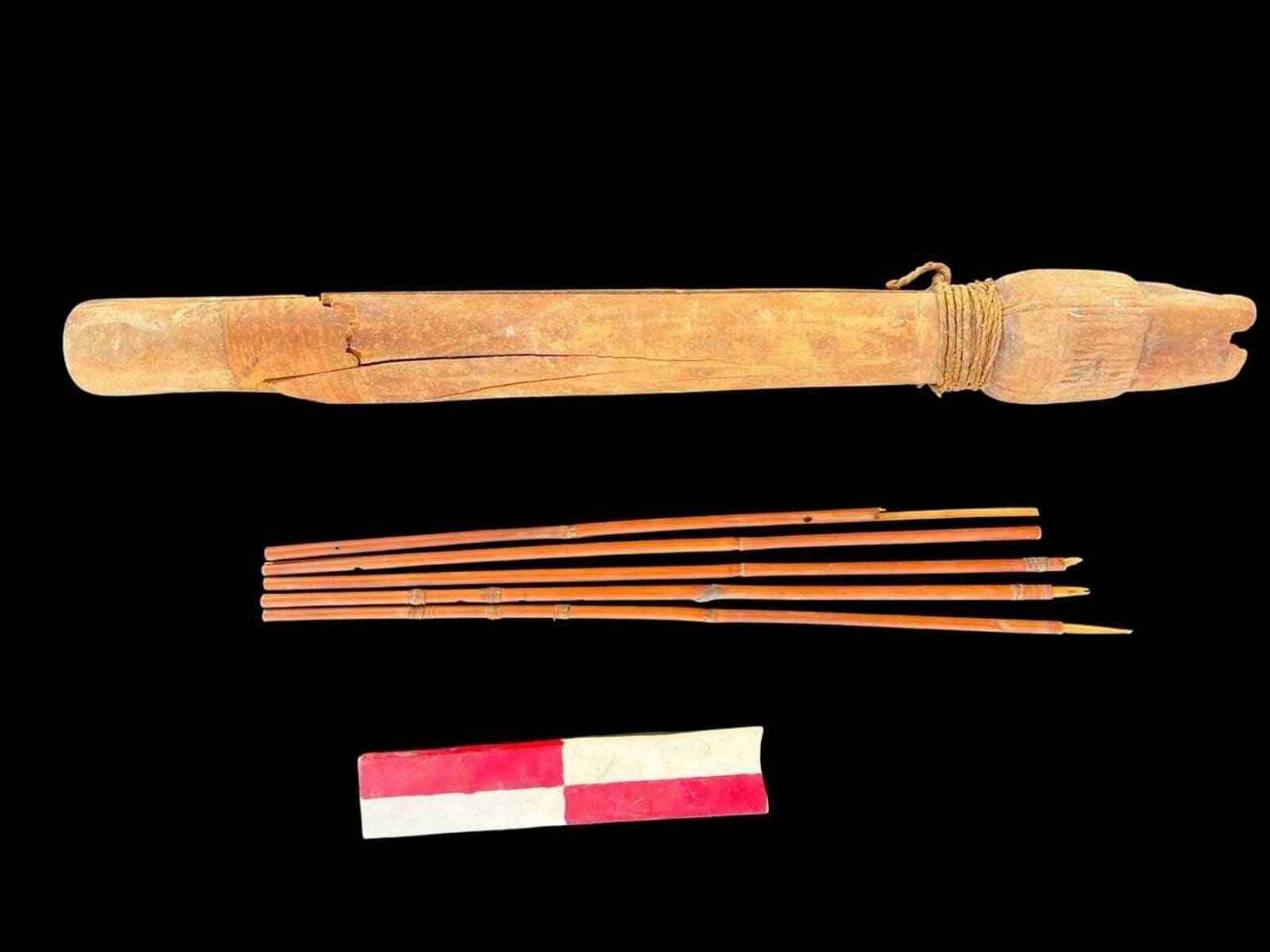 In this undated photo, artifacts are displayed that were found in the three new graves of senior statesmen found in the Dra' Abu al-Naga necropolis area in Luxor, Egypt. (Egypt Ministry of Tourism and Antiquities via AP)