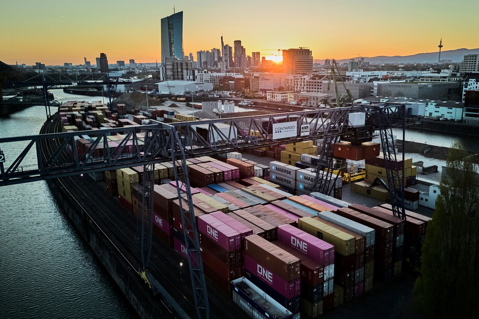 Containers are stored in the small harbor in Frankfurt, Germany, Sunday, April 6, 2025. (AP Photo/Michael Probst)