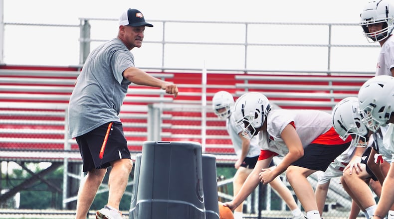 Fenwick coach Fred Cranford leads a drill during a practice in July 2024 at Fenwick High School. Photo by Chris Vogt
