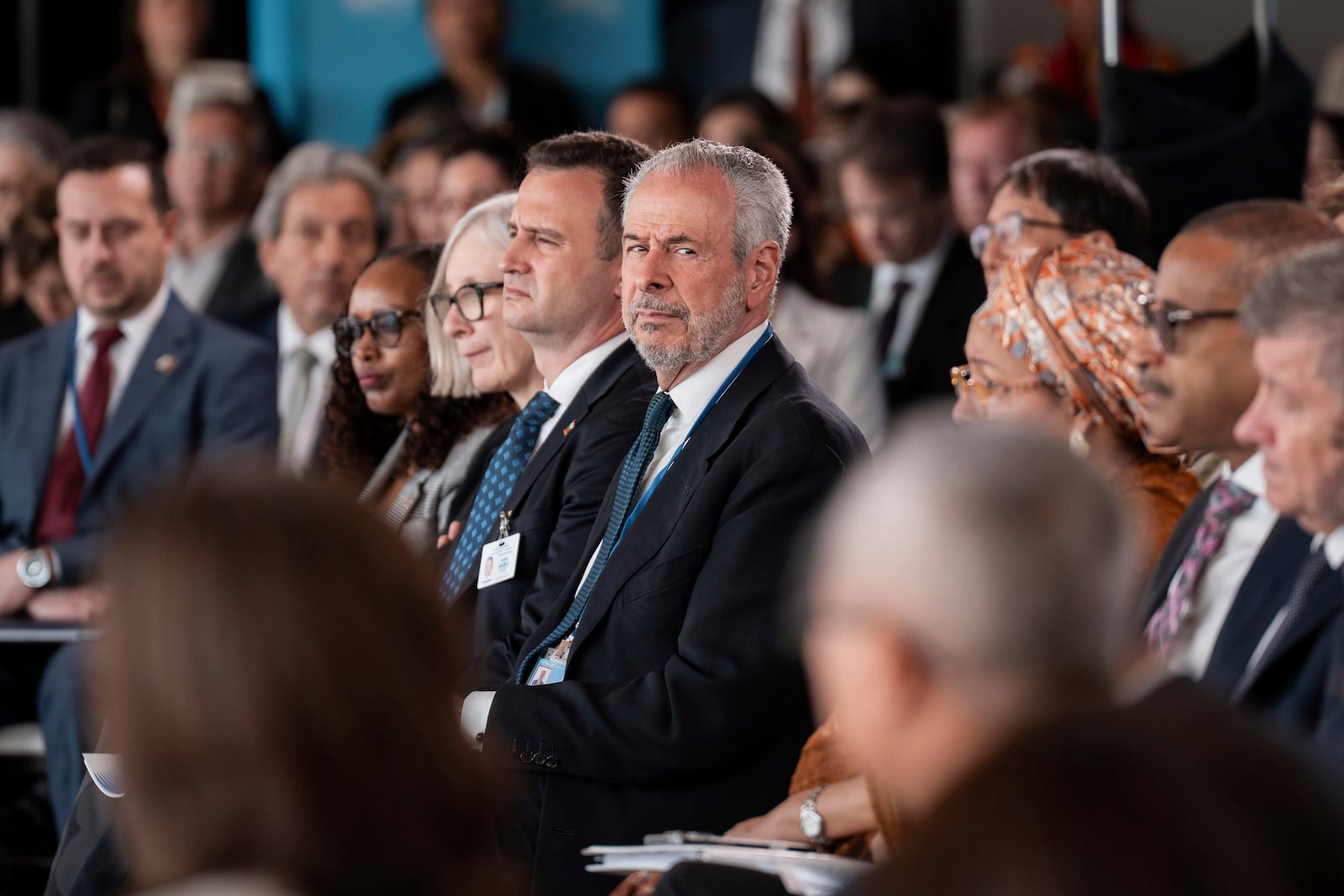 COP30 President André Corrêa do Lago listens as United Nations Secretary-General Antonio Guterres delivers a speech on climate action "A Moment of Opportunity: Supercharging the New Energy Era" at the United Nations headquarters on Tuesday, July 22, 2025, in New York. (AP Photo/Adam Gray)