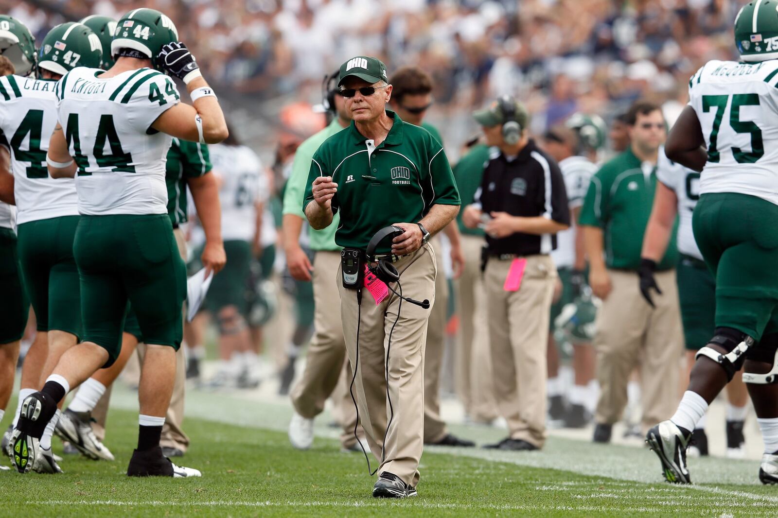 Head coach Frank Solich of the Ohio Bobcats motions from the sidelines during the second half against the Penn State Nittany Lions at Beaver Stadium in 2012.