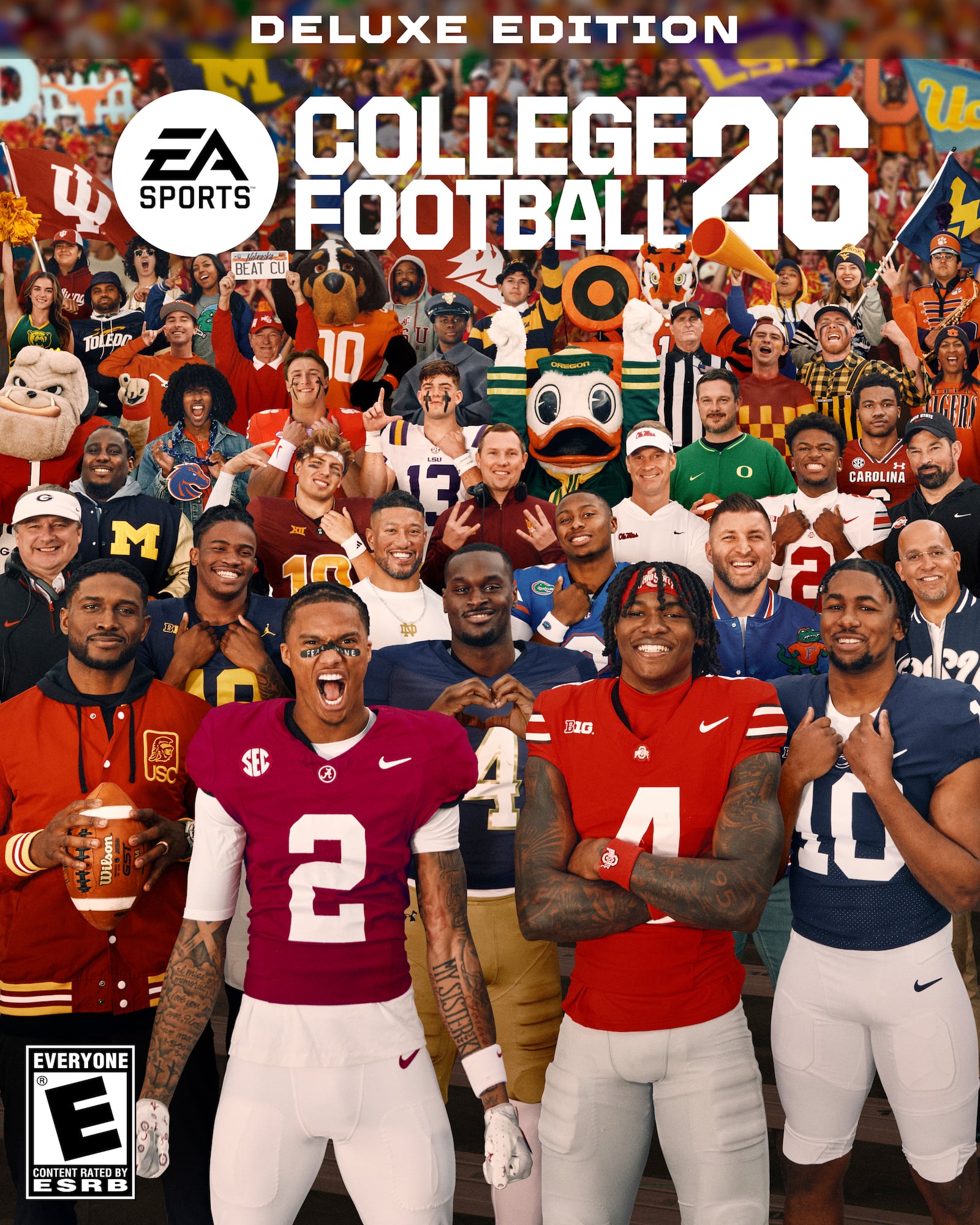 This image provided by EA Sports shows NCAA college football players Alabama's Ryan Williams, front left, and Ohio State's Jeremiah Smith, front right, along with other players, coaches, mascots and former cover stars Reggie Bush, Tim Tebow and Denard Robinson, on the cover of EA Sports College Football 26 deluxe edition. (EA Sports via AP)