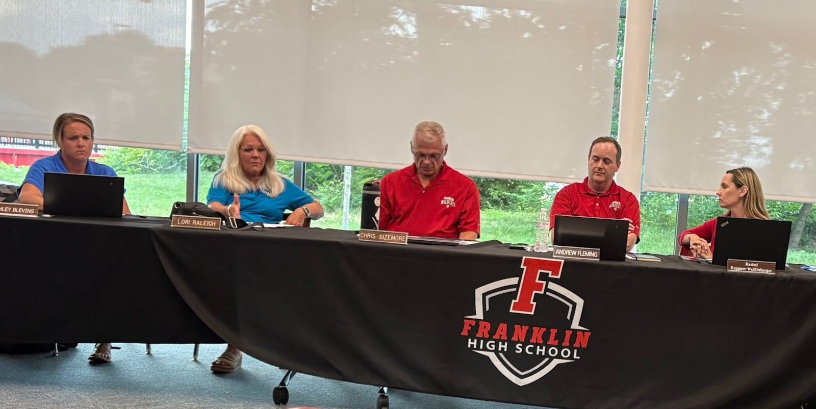Franklin City Schools Board of Education discusses an income tax levy for the Nov. 4 ballot during a Monday, July 7, 2025, special meeting at Franklin High School. From left are board members Ashley Blevins, Lori Raleigh, Chris Sizemore, Andrew Fleming and Rachel Ruppert-Wolfinbarger. JEN BALDUF/STAFF