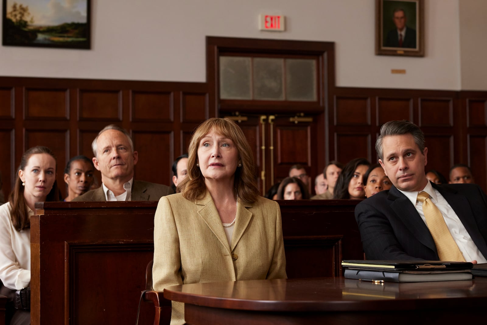 This image released by Blue Harbor Entertainment shows Patricia Clarkson as Lilly Ledbetter, center, in a scene from "Lilly." (Blue Harbor Entertainment via AP)