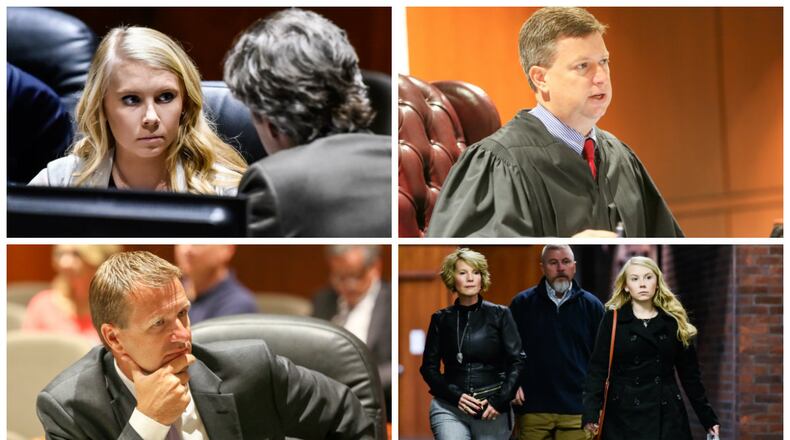 Top left, Brooke Skylar Richardson and attorney Charles M. Rittgers; top right, Warren County Common Pleas Judge Donald Oda II; bottom left, Warren County Prosecutor David Fornshell and bottom right, Brooke Skylar Richardson and parents, Kimberly and and Scott Richardson.
