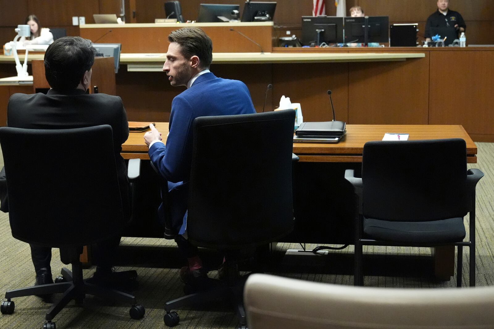 Robert Crimo III, who did not appear, seat is empty at the defense table during the sentencing hearing for Crimo III., at the Lake County Courthouse, in Waukegan, Ill., Wednesday, April 23, 2025. (AP Photo/Nam Y. Huh, Pool)