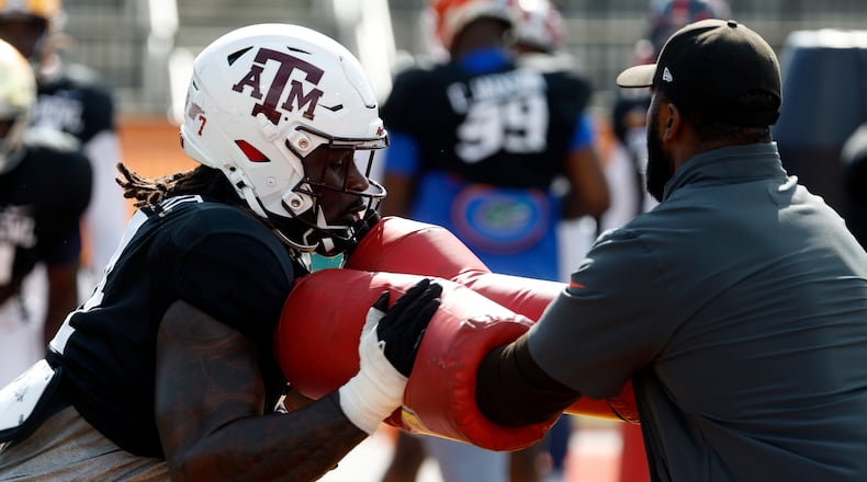 American team defensive lineman Shemar Stewart of Texas A&M runs through drills during practice for the Senior Bowl NCAA college football game, Wednesday, Jan. 29, 2025, in Mobile, Ala. (AP Photo/Butch Dill)
