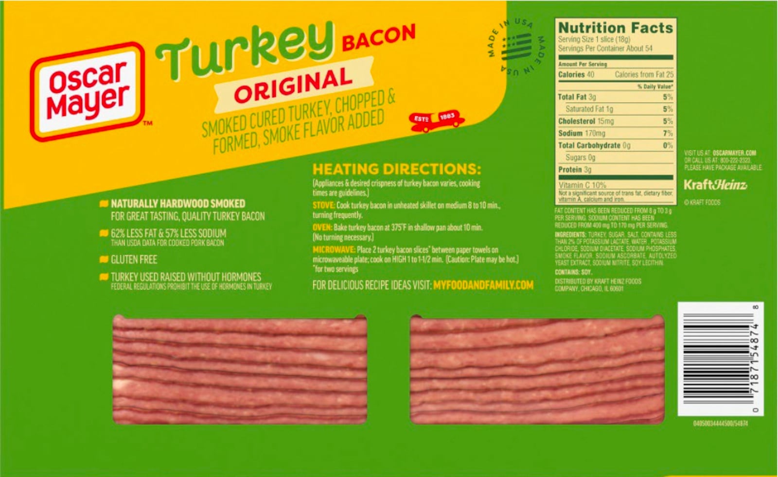 This image provided by the USDA on Wednesday, July 2, 2025, shows the packaging of recalled Oscar Mayer turkey bacon. (USDA via AP)