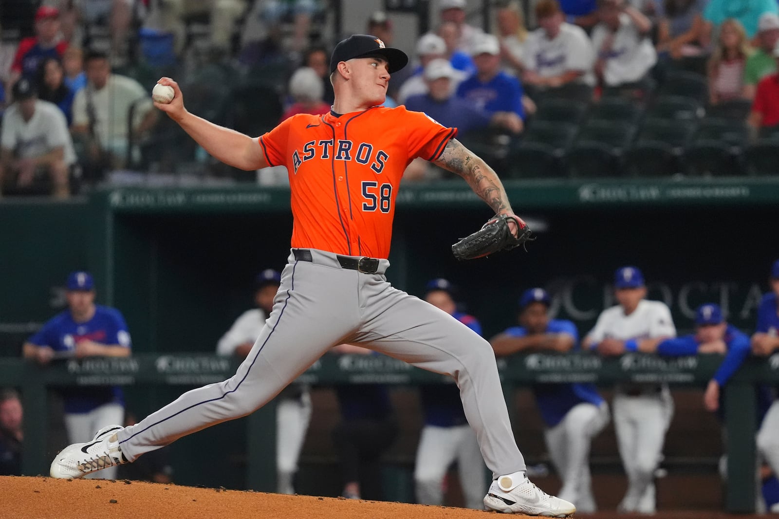 Houston Astros starting pitcher Hunter Brown throws during the first inning of a baseball game against the Colorado Rockies, Thursday, May 15, 2025, in Arlington, Texas. (AP Photo/LM Otero)