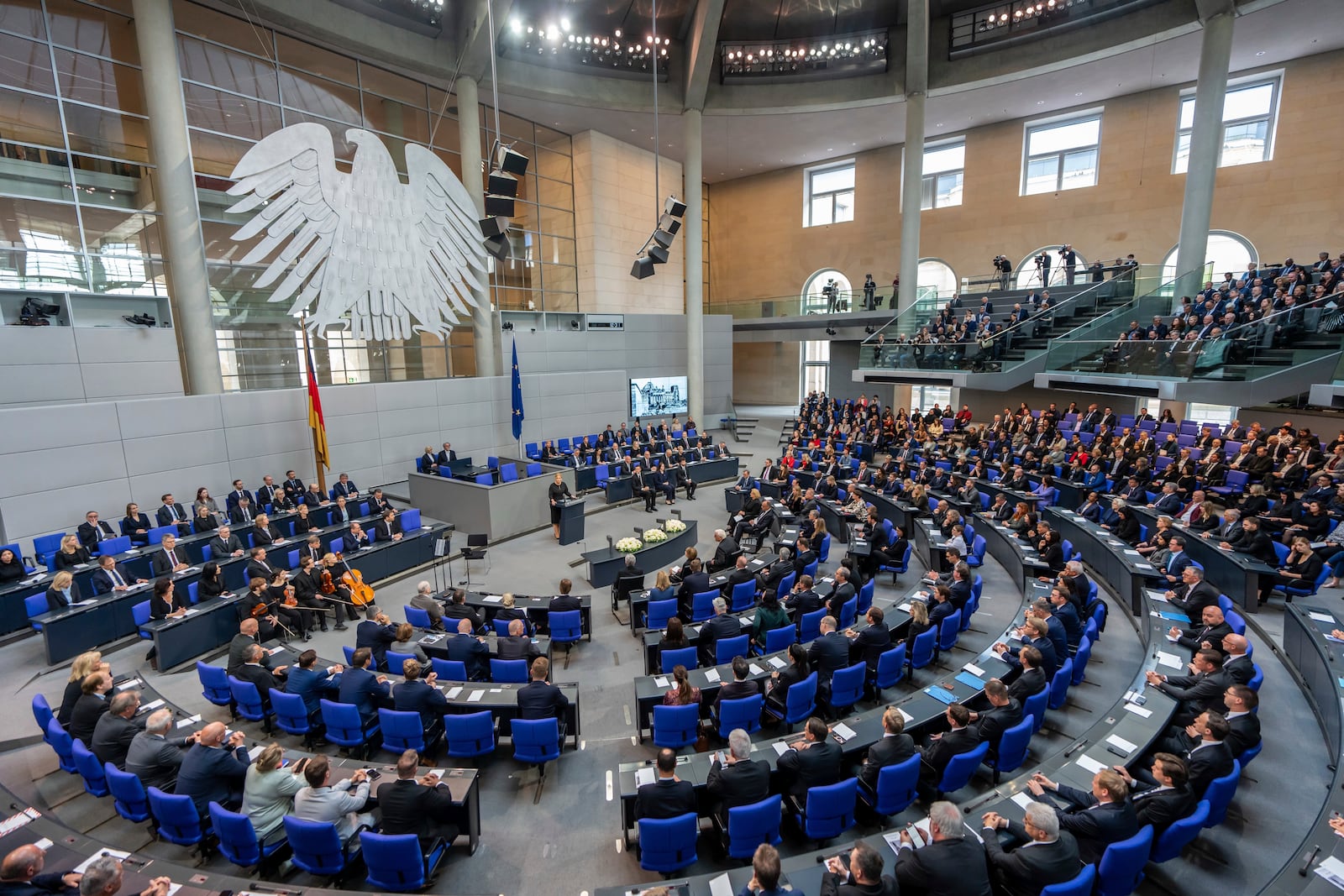 Julia Klöckner, President of the Bundestag, speaks at the commemoration of the 80th anniversary of the end of the Second World War in the Bundestag, in Berlin, Thursday, May 8, 2025. (Michael Kappeler/dpa via AP)