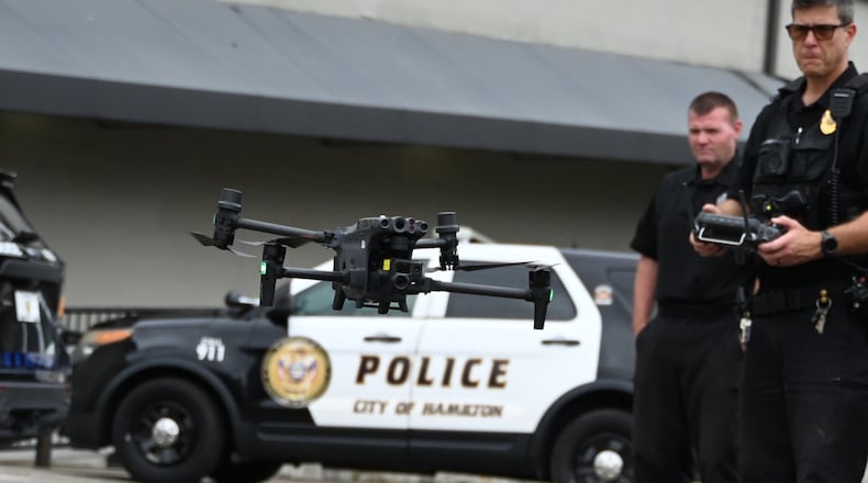 Hamilton Police Sgt. Matt Fishwick operates on Tuesday, Sept. 24, 2024, the HPD's patrol drone, which is used, among other things, for searches of missing people, searching for suspects, and observing traffic patterns. The department has had a drone for SWAT operations for several years, and was one of the last departments in Butler County to acquire a drone for patrol purposes. MICHAEL D. PITMAN/STAFF