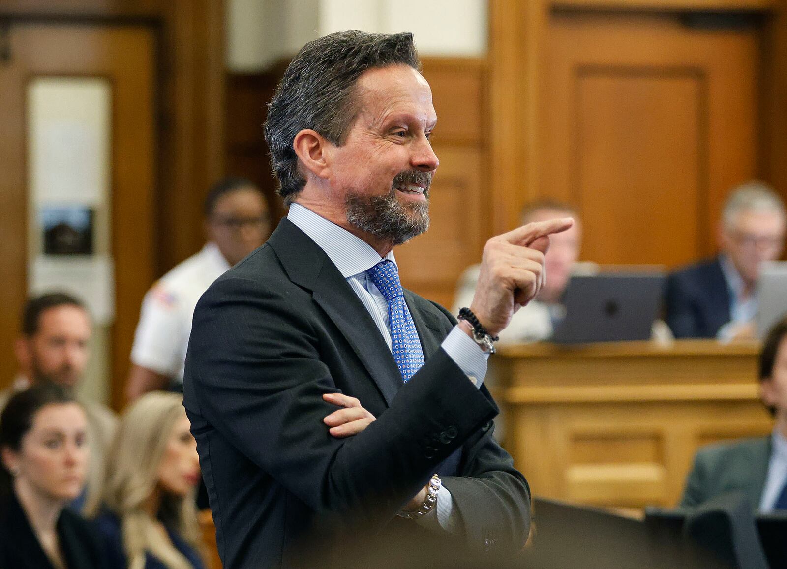 Defense attorney Alan Jackson questions witness Kerry Roberts about her grand jury testimony during the Karen Read trial in Norfolk Superior Court at Dedham, Mass., on Wednesday, April 23, 2025 (Greg Derr/The Patriot Ledger via AP, Pool)