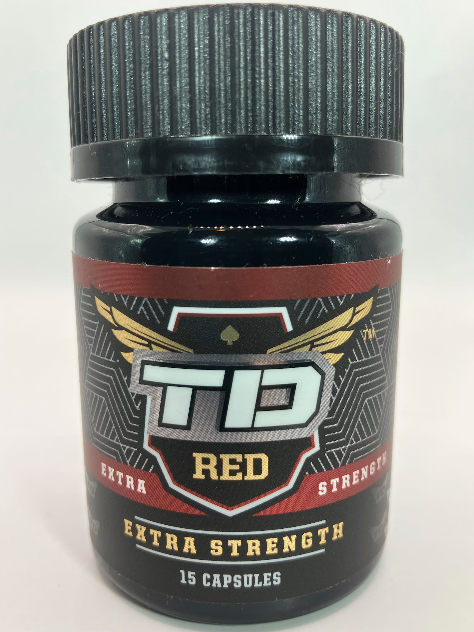 This photo provided by the FDA in January 2024 shows a bottle of TD Red Extra Strength, a product labeled to contain tianeptine. (FDA Office of Regulatory Affairs, Health Fraud Branch via AP)