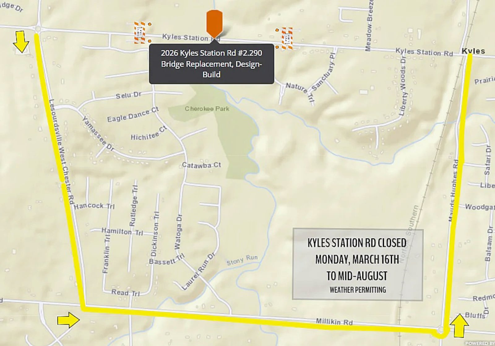 Beginning Monday, Kyles Station Road will be closed between just east of LeSourdsville-West Chester Road and about a mile west of Mauds Hughes Road while crews replace the bridge over Gregory Creek. BUTLER COUNTY ENGINERR’S OFFICE/CONTRIBUTED