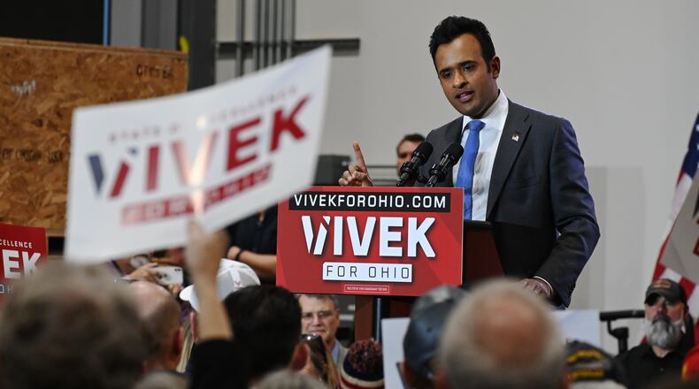A crowd of supporters gather to hear Vivek Ramaswamy announce his candidacy for Ohio governor at this first of two-day, four-stop announcement tour Monday, Feb. 24, 2025 at CTL Aerospace in West Chester Twp. MICHAEL D. PITMAN/STAFF