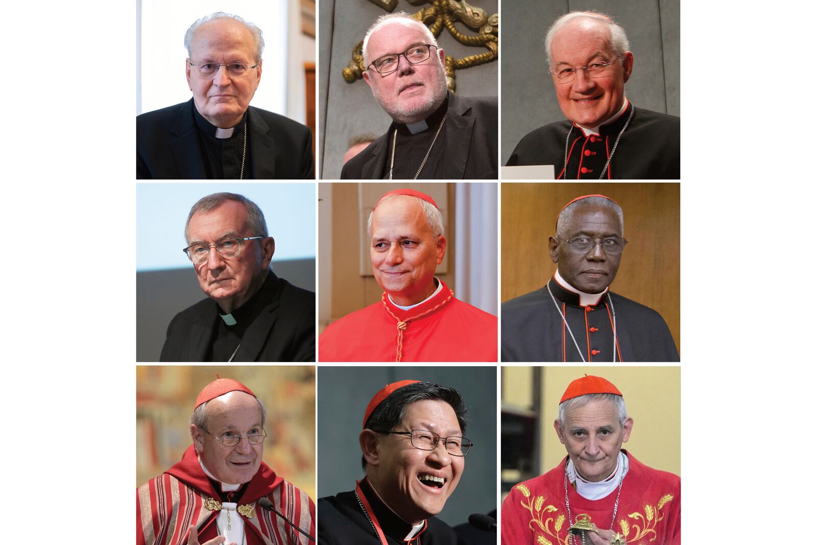 This combination of photos shows, top row from left, Cardinal Peter Erdo, Cardinal Reinhard Marx, Cardinal Marc Ouellet, middle row from left, Cardinal Pietro Parolin, Cardinal Robert Prevost, Cardinal Robert Sarah, and bottom row from left, Cardinal Christoph Schoenborn, Cardinal Luis Tagle and Cardinal Matteo Zuppi. (AP Photo)