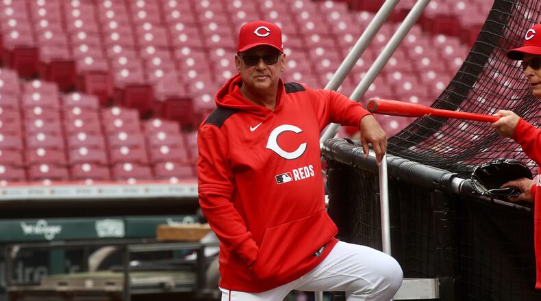Reds manager Terry Francona watches batting practice before a game against Giants on Opening Day at Great American Ball Park on Thursday, March 27, 2025, in Cincinnati. David Jablonski/Staff