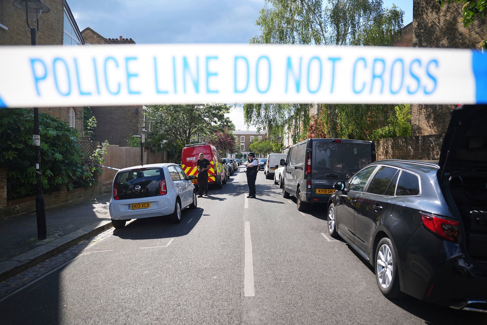 A police cordon is seen in Kentish Town, near British Prime Minister Keir Starmer's house in north London, Monday, May 12, 2025. (James Manning/PA via AP)