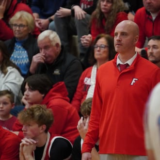 Fairfield coach DJ Wyrick watches on during his Indians’ games against Kings on Monday night at Kings High School. CHRIS VOGT / CONTRIBUTED