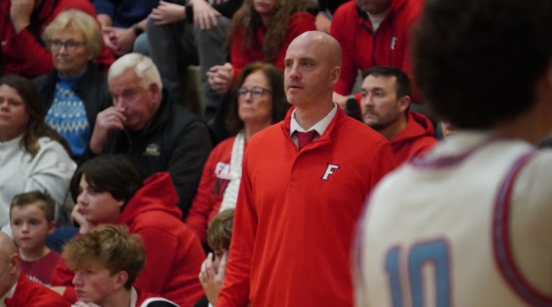 Fairfield coach DJ Wyrick watches on during his Indians’ games against Kings on Monday night at Kings High School. CHRIS VOGT / CONTRIBUTED