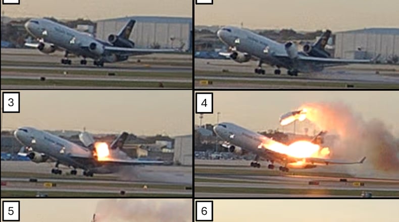 This combination photo provided by the National Transportation Safety Board (NTSB) via UPS shows a sequence of framegrabs made from video where an engine is seen detaching from the plane's left wing upon takeoff at the Louisville International Airport in Louisville, Nov. 4, 2025. (UPS/NTSB via AP)
