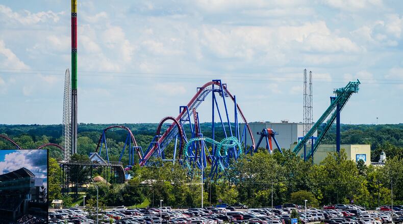 Kings Island is visible from the upper deck of the Western & Southern Open tennis tournament Thursday, August 15 at the Lindner Family tennis Center in Mason. Action continues through August 18. NICK GRAHAM/STAFF