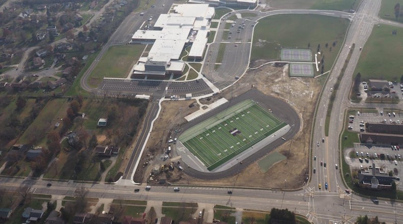 The first aerial photos of Middletown Schools’ new track & field stadium — on the high school campus — were released Tuesday to the Journal-News. Taken by a drone camera, the photos show the district’s second artificial turf playing field, which will be used for football practices and other sports.